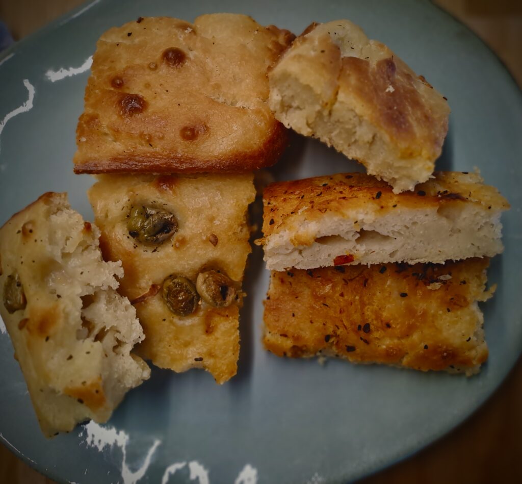 focaccia with olives - chili - and garlic